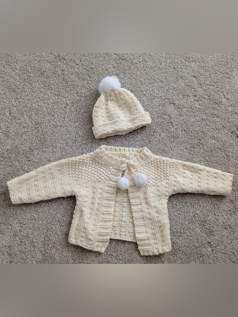 Cream Knit Baby Cardigan with Pom Pom Hat Set